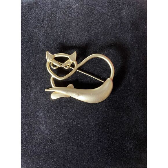 Vintage modernist cat brooch/ pin goldtone, open work, cat retro, Rich car  - Picture 2 of 3